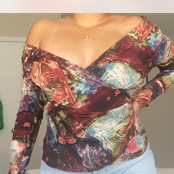 Karen Kane Colorful Abstract Off-Shoulder Blouse - Picture 1 of 4